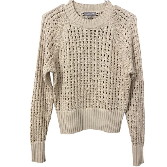 J. Crew 2024 Pointelle Crew Neck Sweater XS Beige Cream Open Knit 100% Cotton - Picture 2 of 7